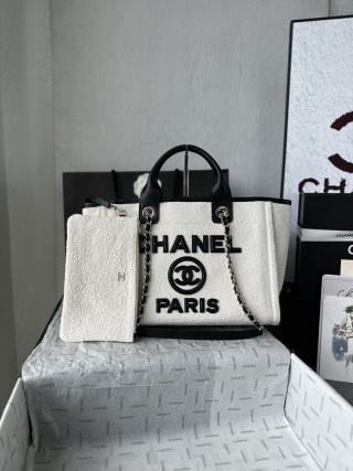 新款白布AS66941# Chanel 2025新色母子沙灘帆布包：經典旅遊購物袋系列